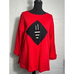 My Tribe Red Art to Wear Tunic Top Geometric Applique Oversized Lagenlook